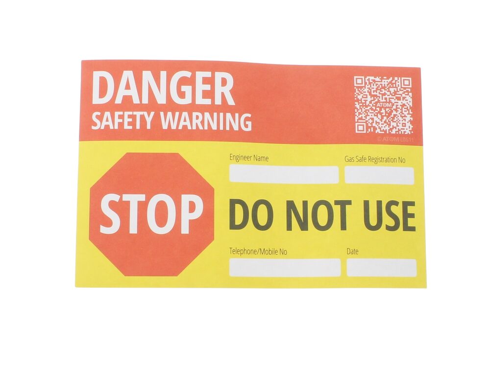 Atom danger safety warning "do not use" label with GSR fields, pack of 10