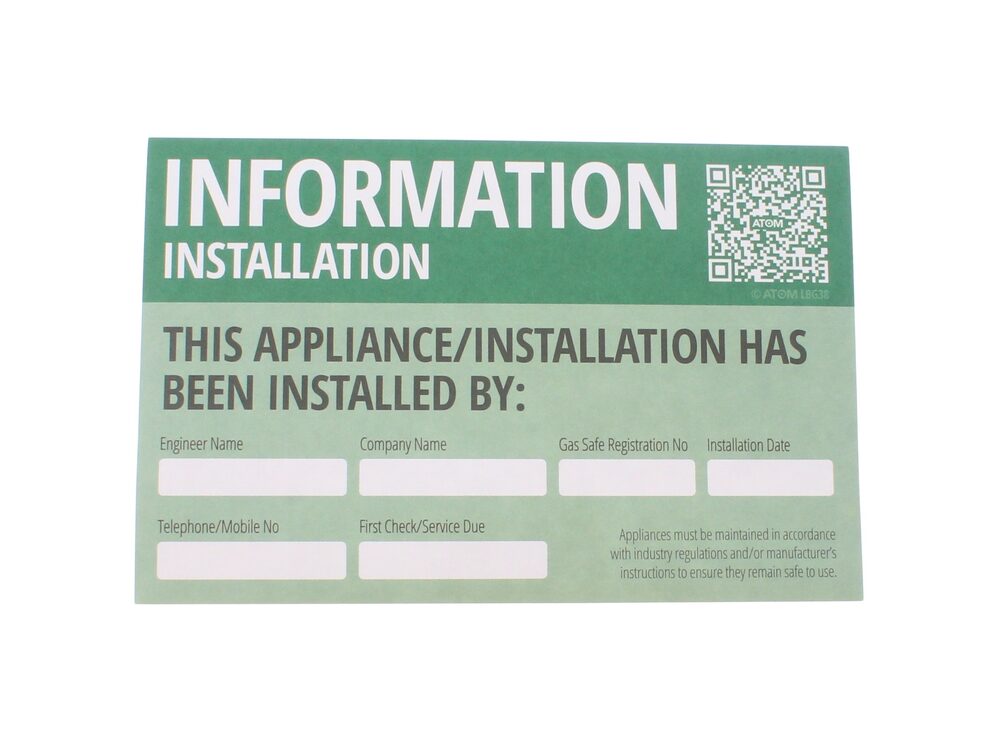 Atom "this appliance has been installed by" label, pack of 10