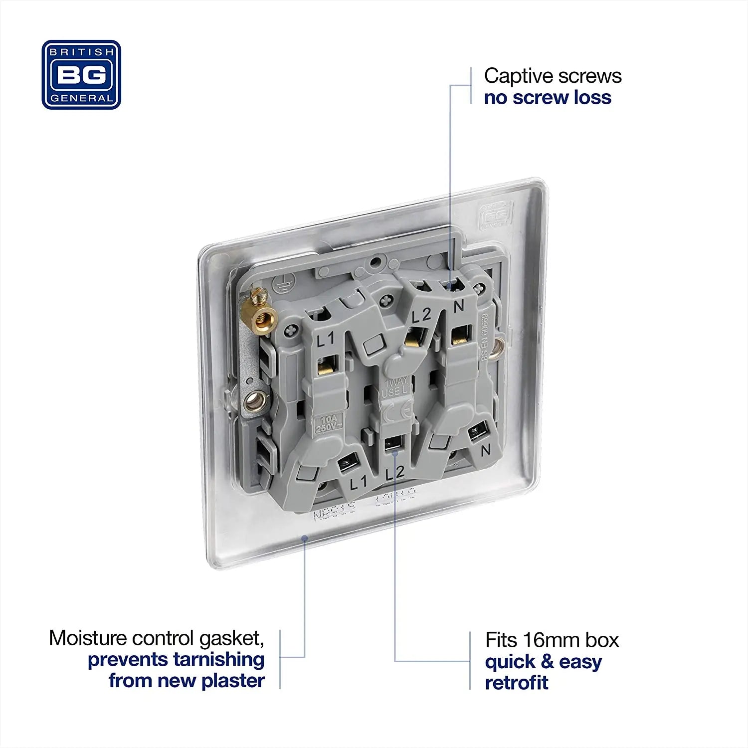 BG Nexus Metal brushed steel 10A triple pole fan isolator switch NBS15-01