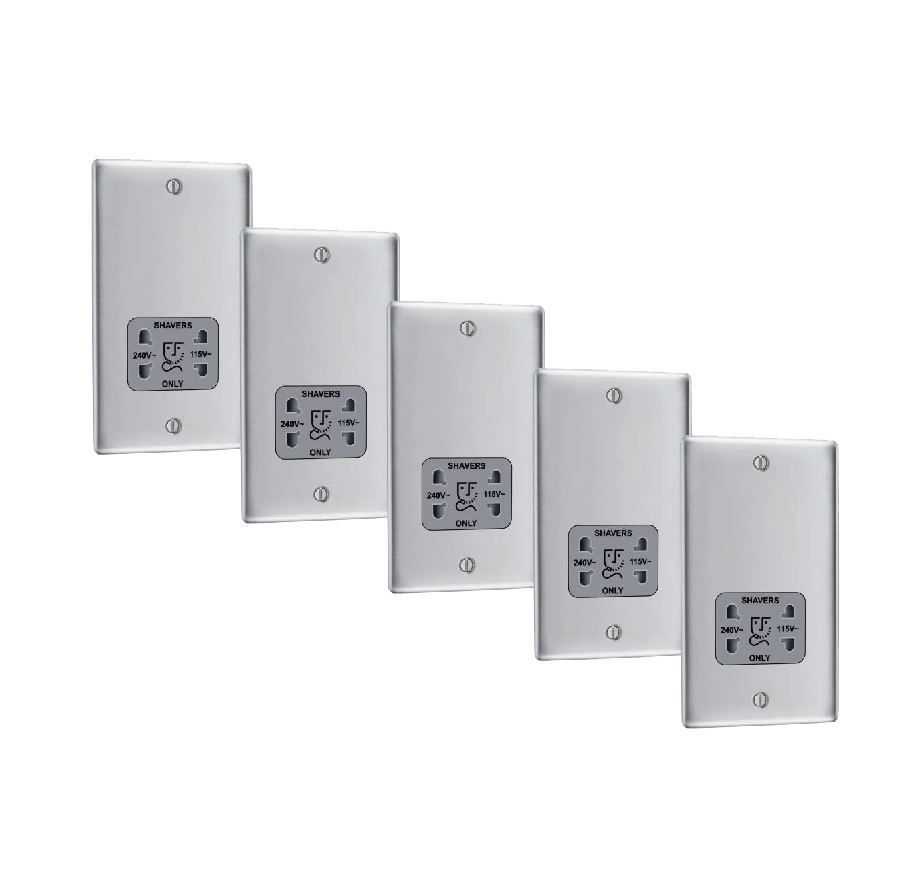 BG Nexus Metal brushed steel dual voltage shaver socket, grey insert NBS20G-01