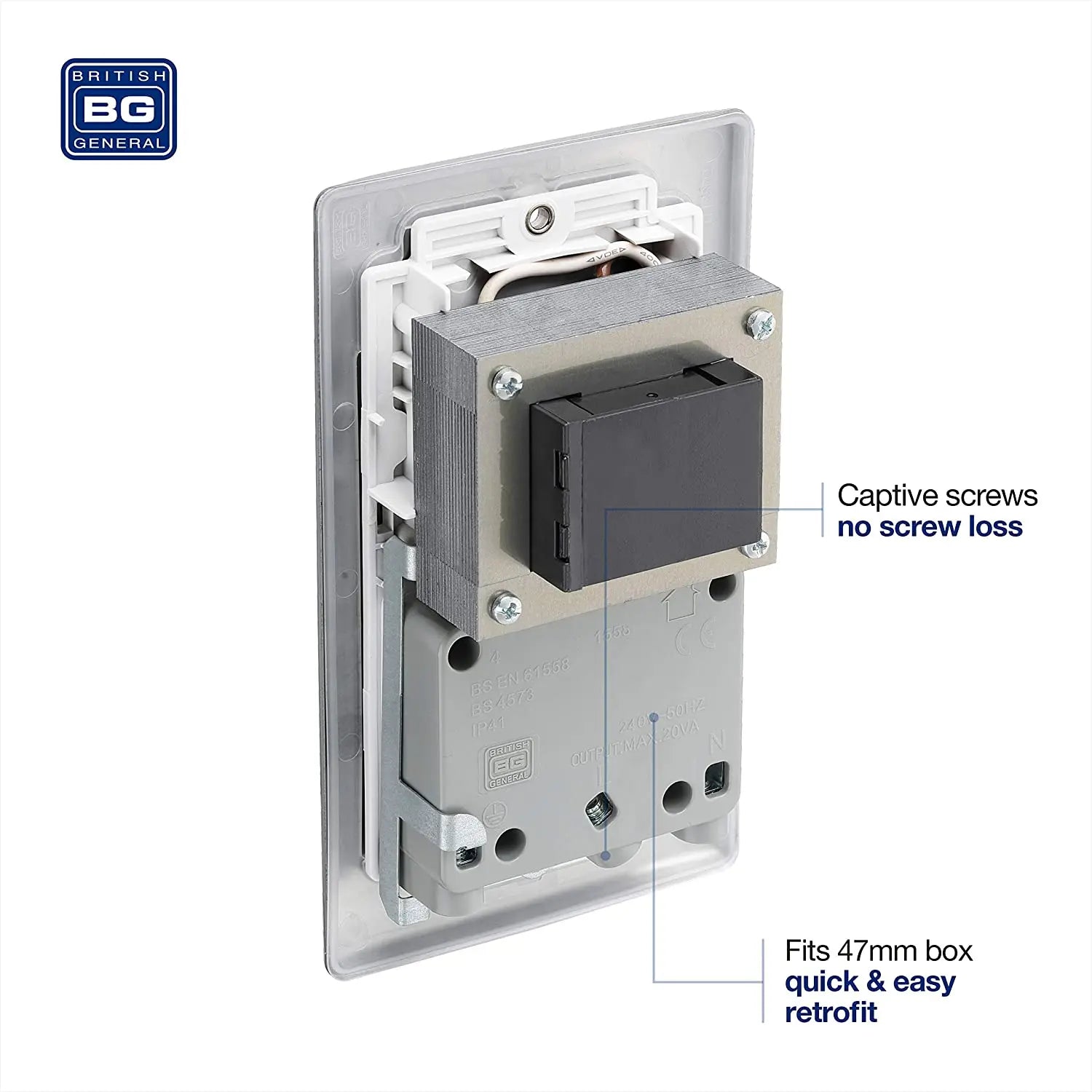 BG Nexus Metal brushed steel dual voltage shaver socket, white insert NBS20W-01