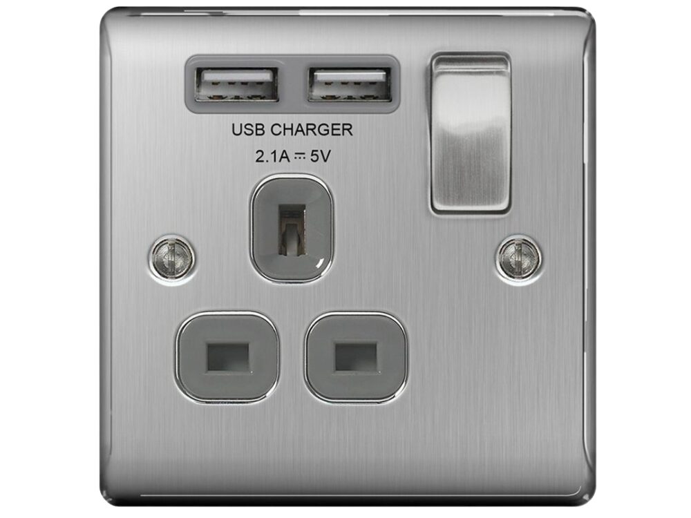 BG Nexus Metal brushed steel 1 gang 13A switched socket with USB A+A NBS21U2G-01