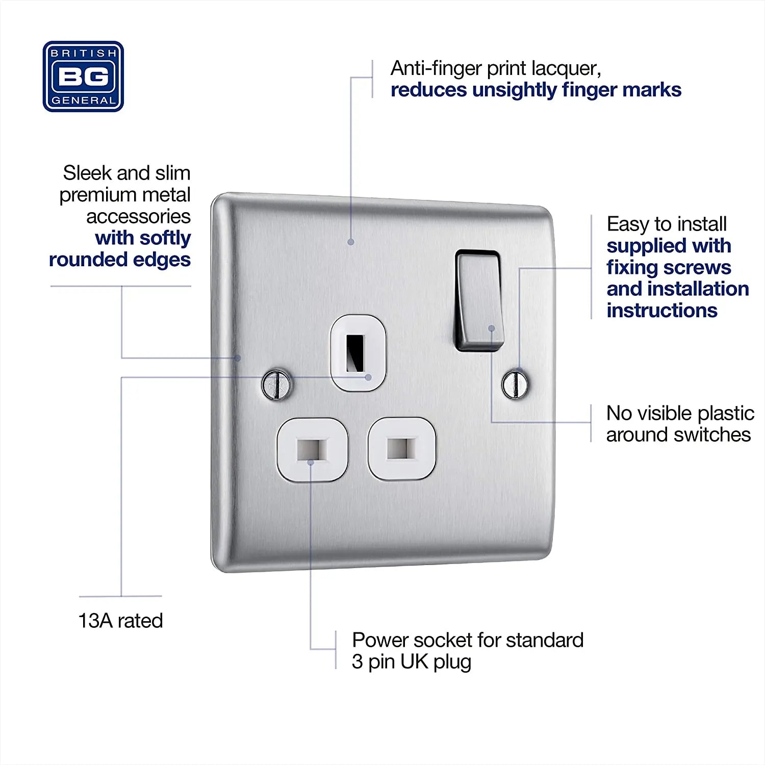 BG Nexus Metal brushed steel 1 gang 13A double pole switched socket, white inserts NBS21W-01