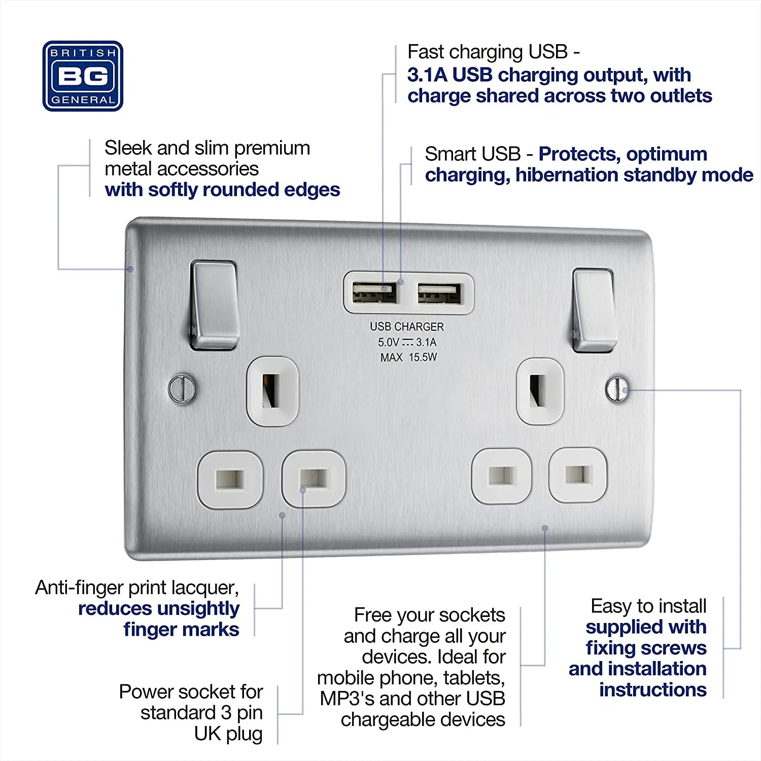 BG Nexus Metal brushed steel 2 gang 13A switched socket with USB A+A NBS22U3W-01