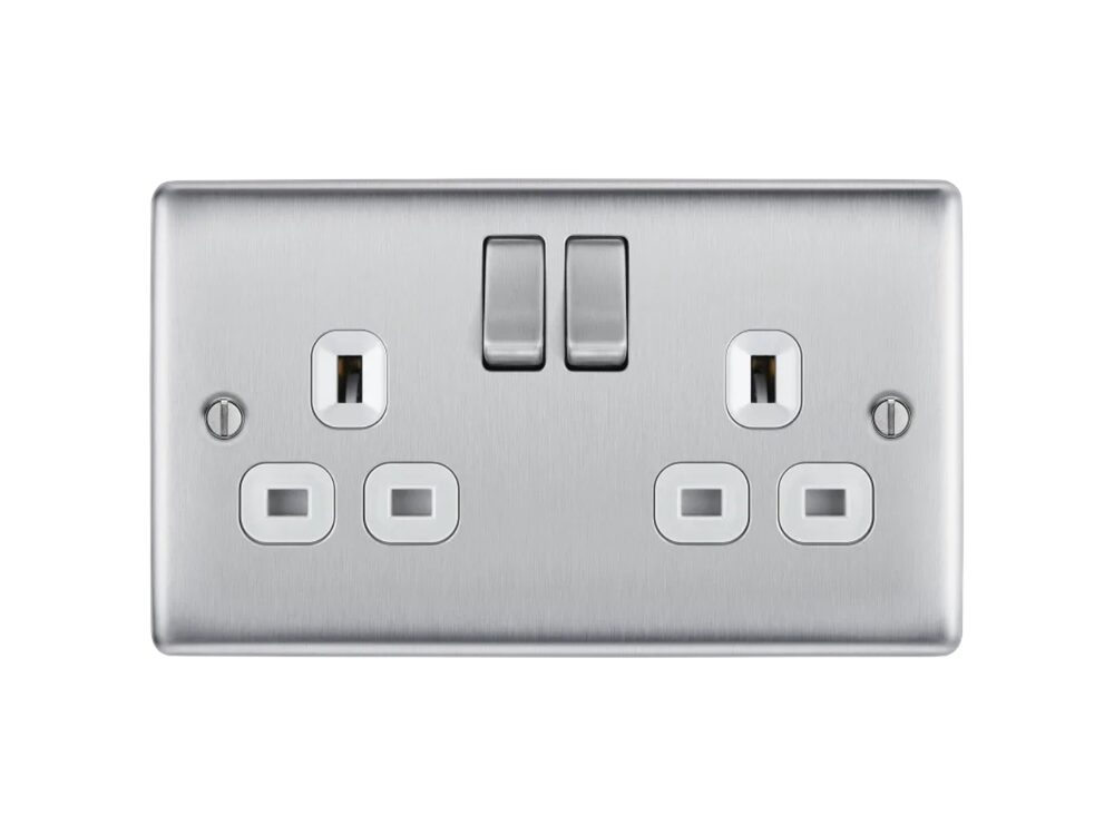 BG Nexus Metal 13A 2 Gang Double Pole Switched Socket, Brushed Steel White Insert NBS22W-01