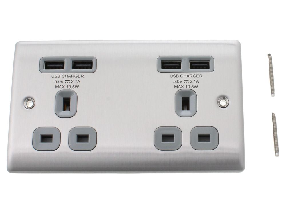 BG Nexus Metal 13A 2 Gang Unswitched Socket with 4-Port USB Charging, Brushed Steel Grey Insert NBS24U44G-01