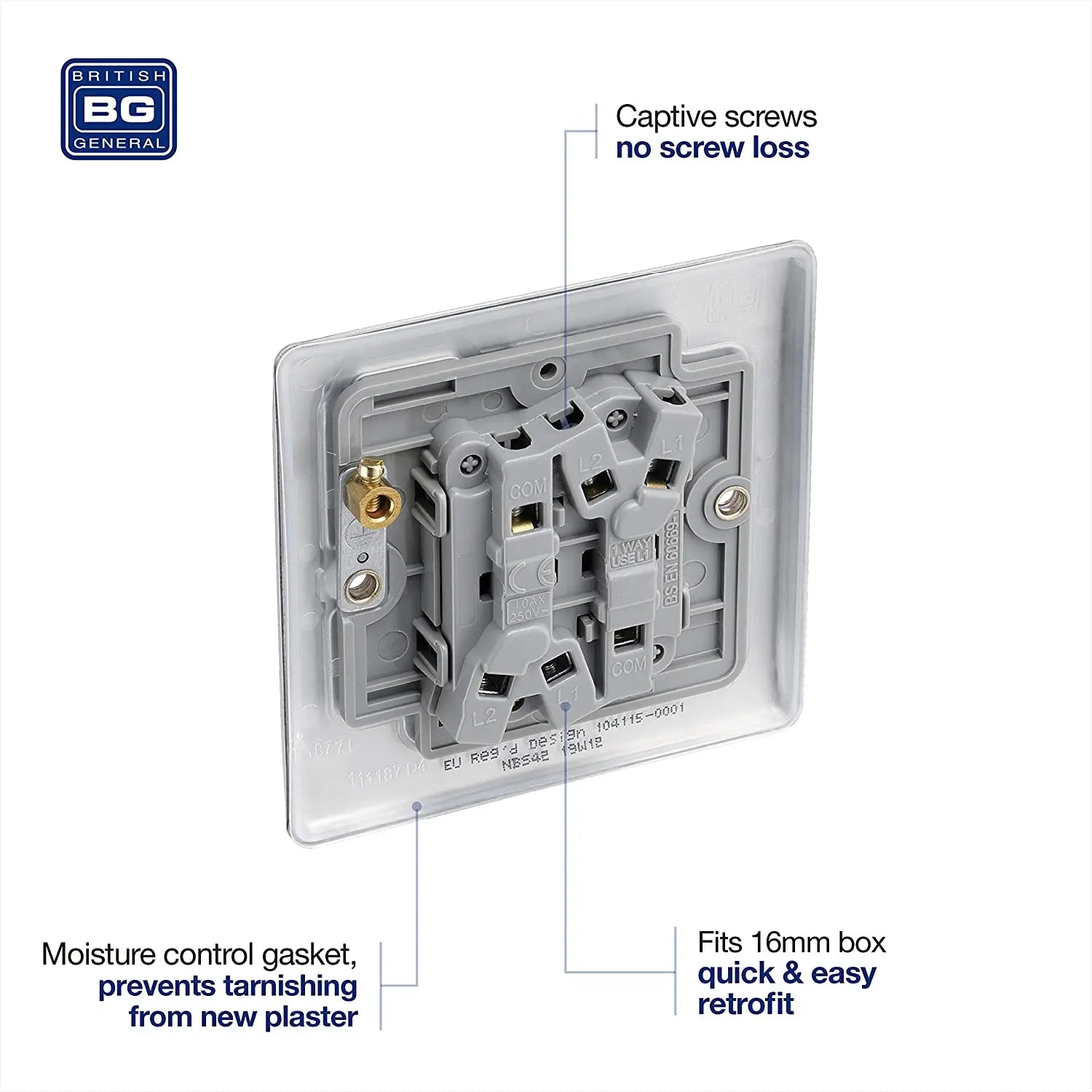 BG Nexus Metal 2 Gang 2 Way 20A 16AX Plate Switch, Brushed Steel NBS42-01