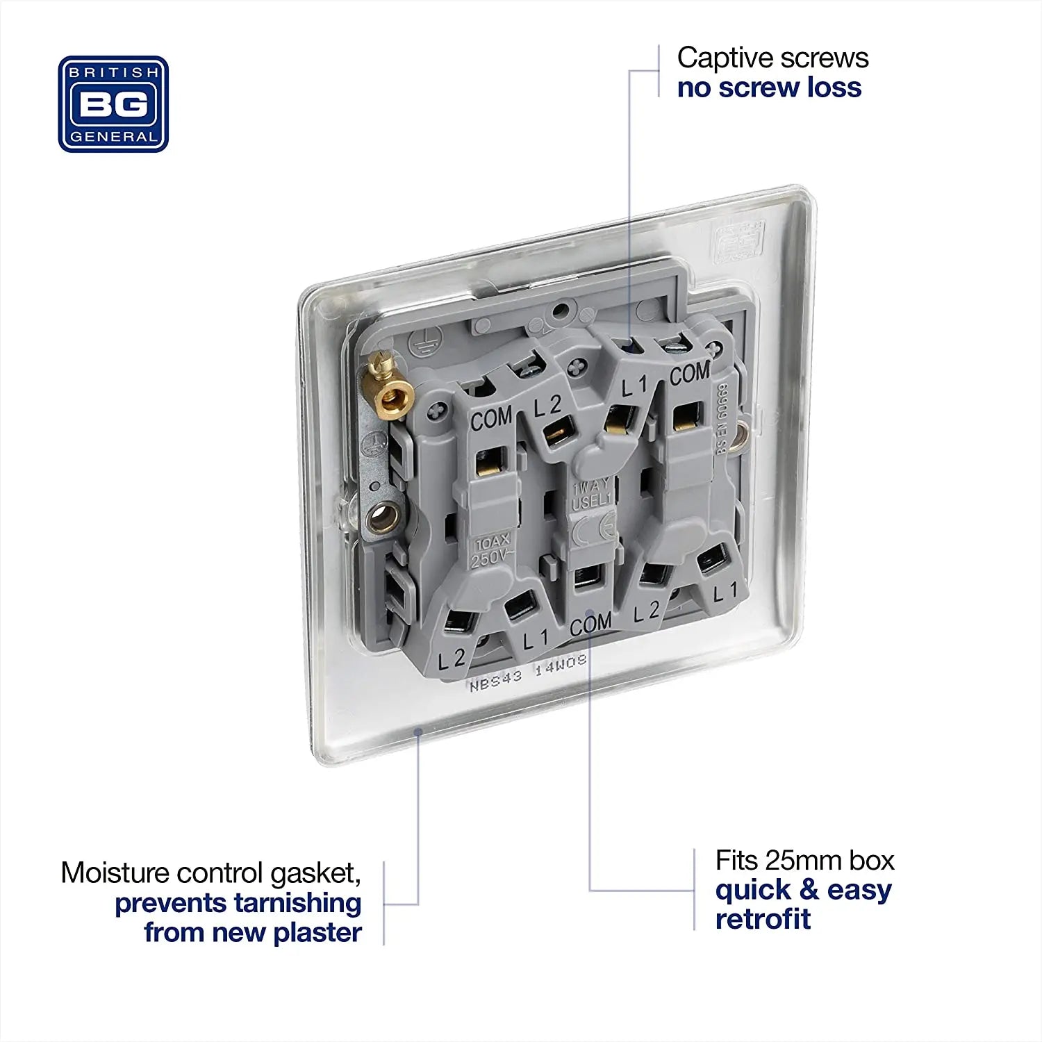 BG Nexus Metal 3 Gang 2 Way 20A 16AX Plate Switch, Brushed Steel NBS43-01
