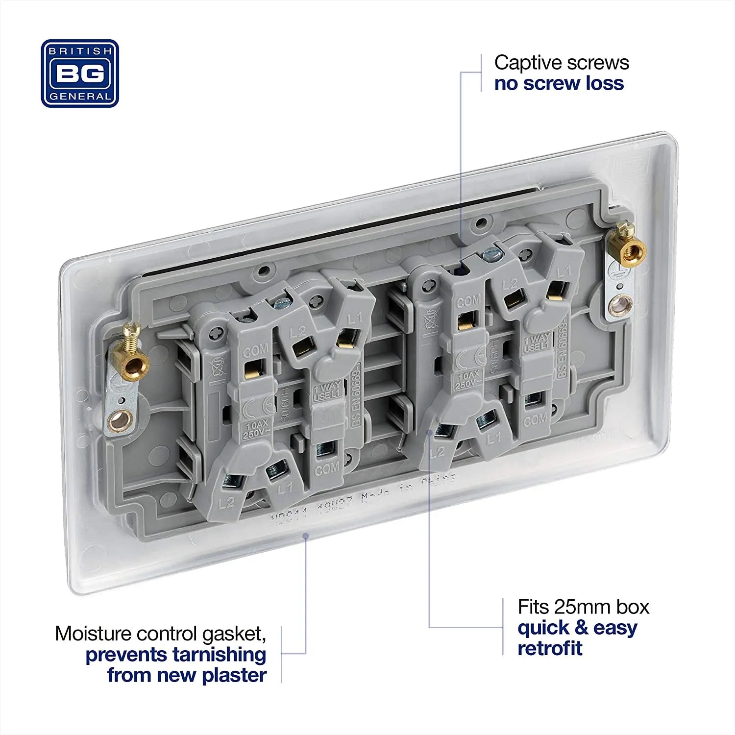 BG Nexus Metal 4 Gang 2 Way 20A 16AX Plate Switch, Brushed Steel NBS44-01