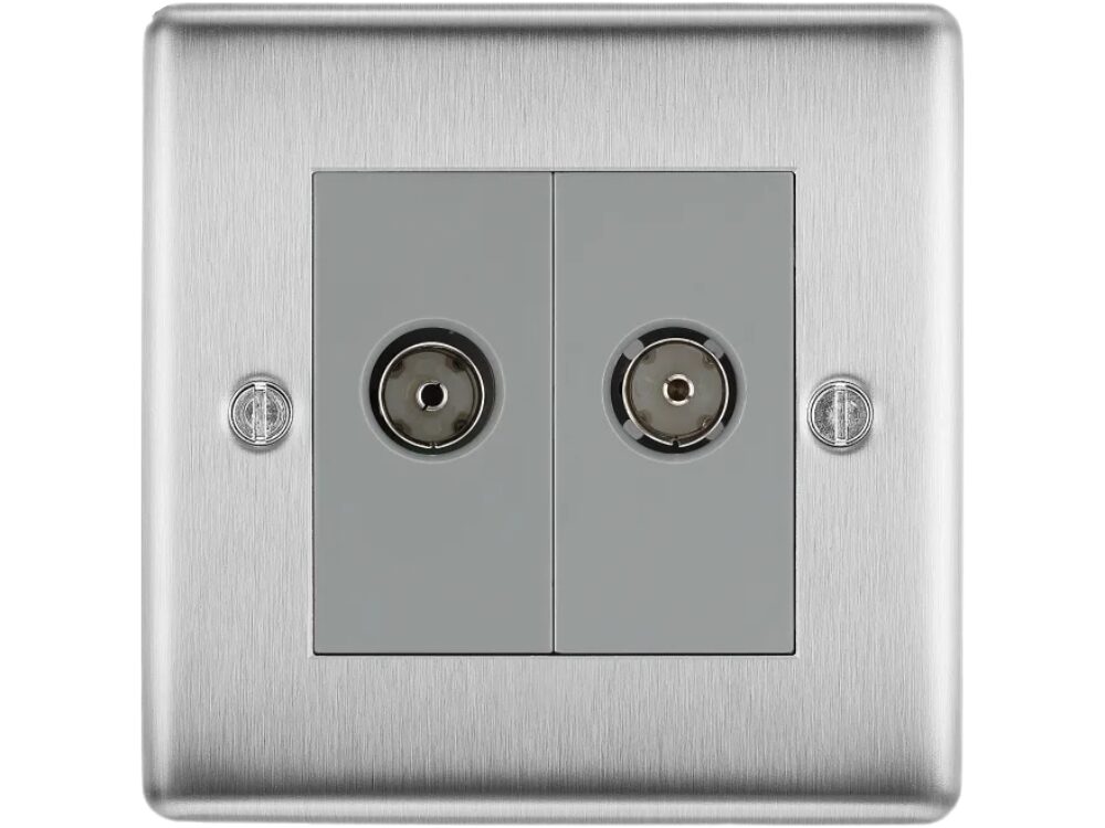 BG Nexus Metal Co-Axial TV Socket, Brushed Steel, 2 Gang NBS61-01