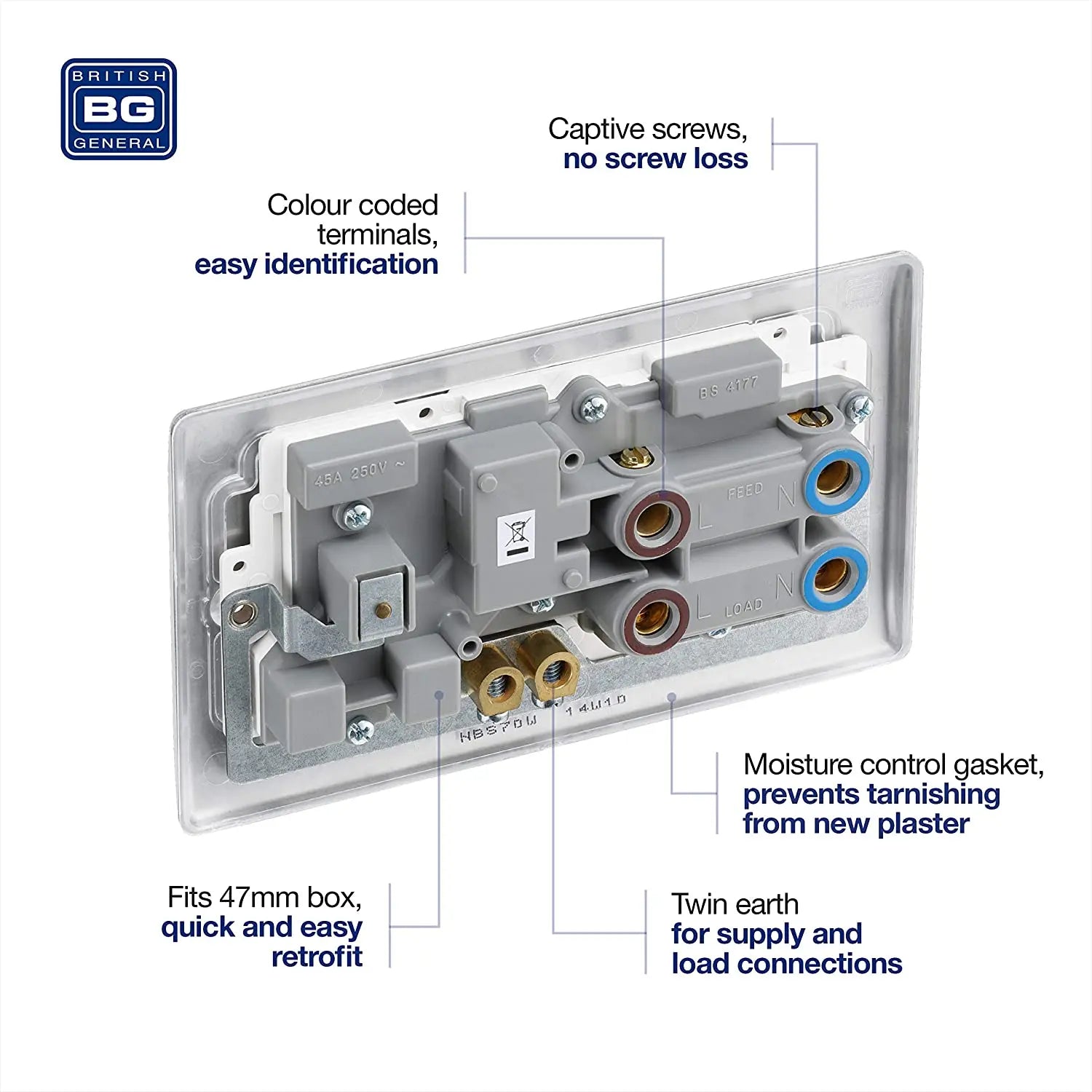 BG Nexus Metal 45A Cooker Connection Unit Switched Socket, Brushed Steel White Insert NBS70W-01