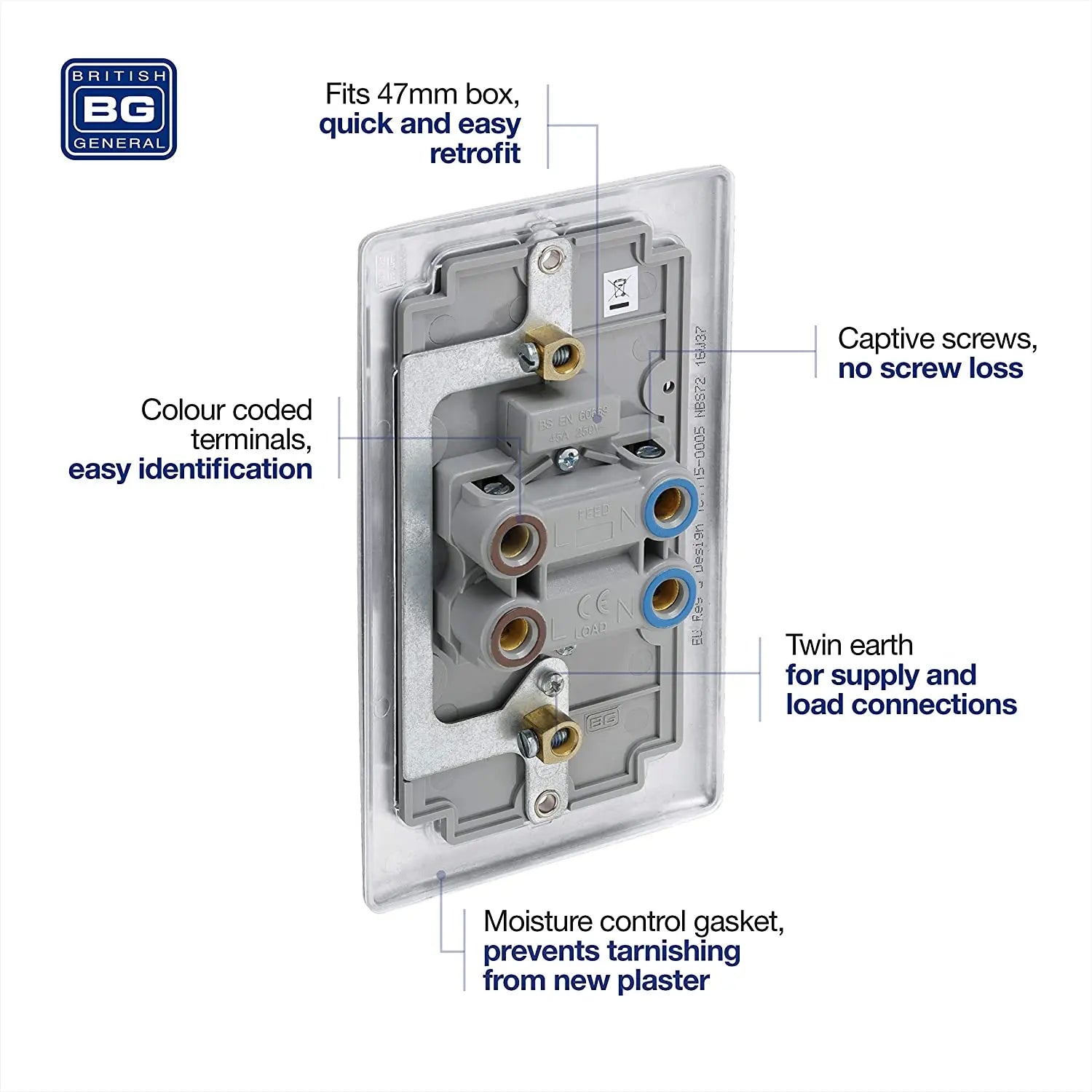 BG Nexus Metal brushed steel 45A double pole cooker switch with indicator - large plate