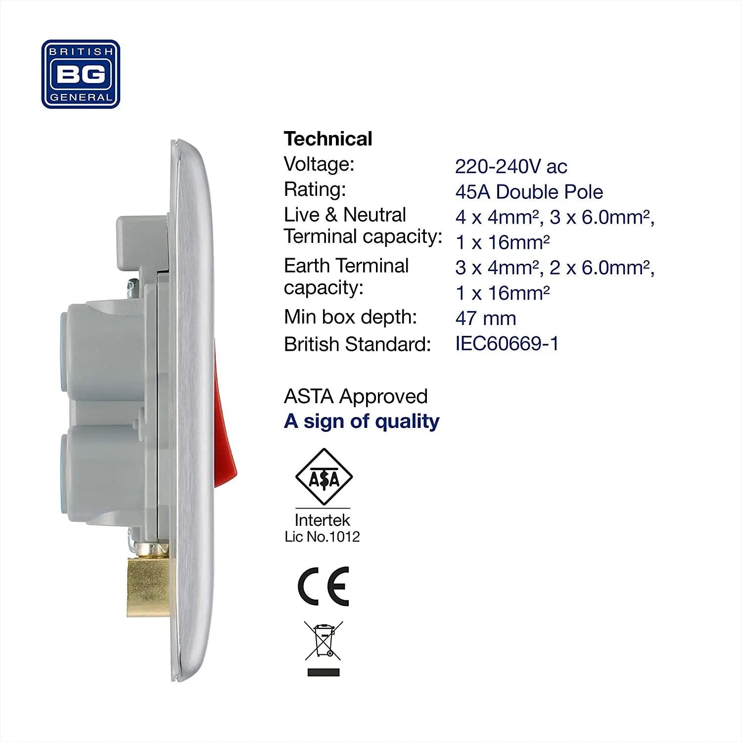 BG Nexus Metal brushed steel 45A double pole cooker switch with indicator - single plate