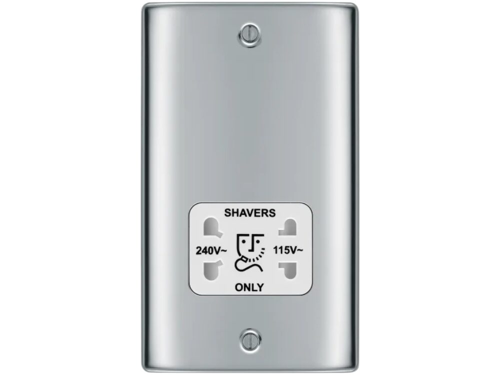 BG Nexus Metal dual voltage 115/230V shaver socket, polished chrome white insert (NPC20W-01)