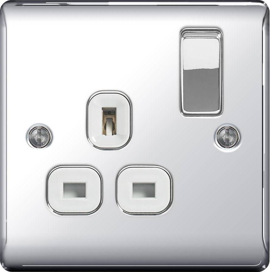 BG Nexus Metal 13A single switched socket, polished chrome with white insert (NPC21W-01)