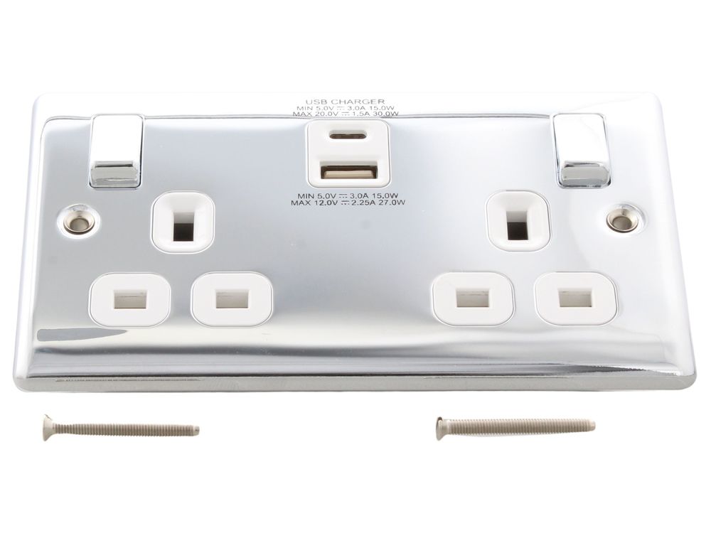 BG Nexus Metal 13A double socket with 30W USB-A and USB-C, polished chrome white insert (NPC22UAC30W-01)