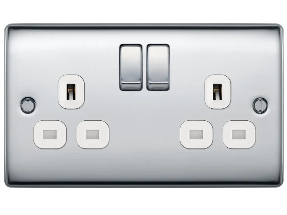 BG Nexus Metal 13A double switched socket, polished chrome with white insert (NPC22W-01)