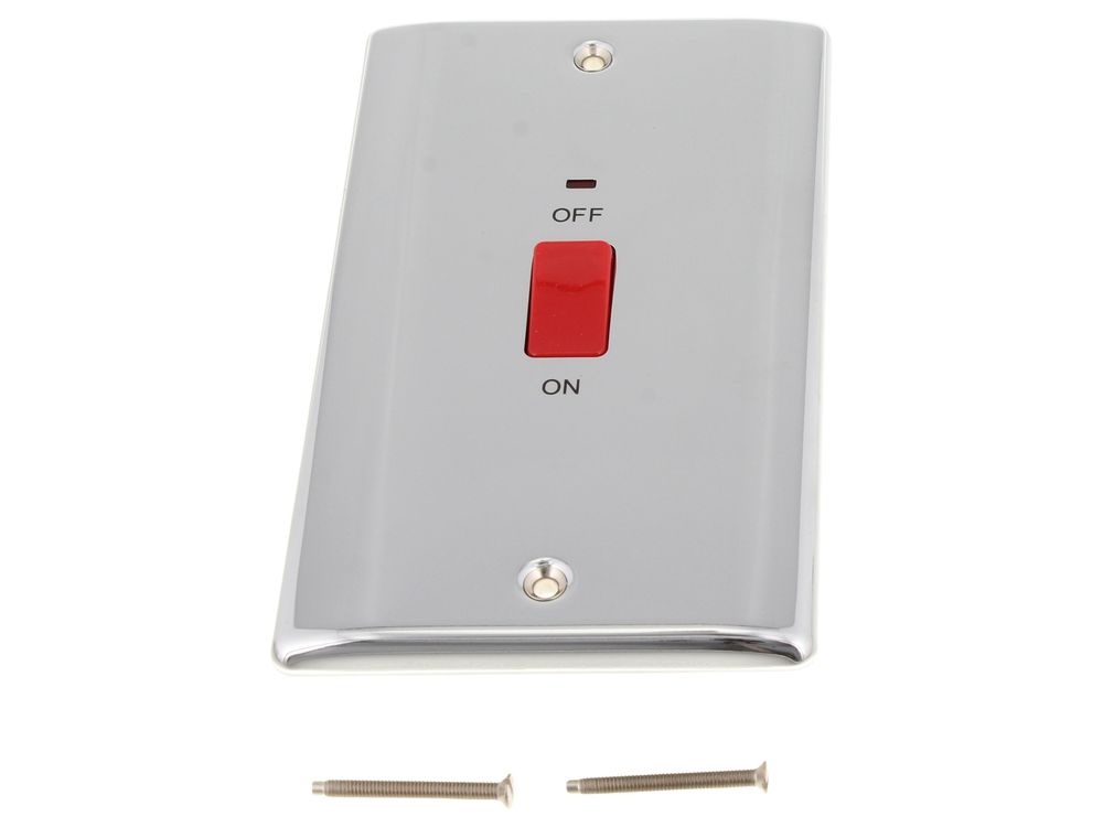 BG Nexus Metal 45A double pole cooker switch with indicator, large plate, polished chrome (NPC72-01)