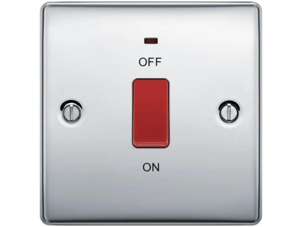 BG Nexus Metal 45A double pole cooker switch with indicator, single plate, polished chrome (NPC74-01)