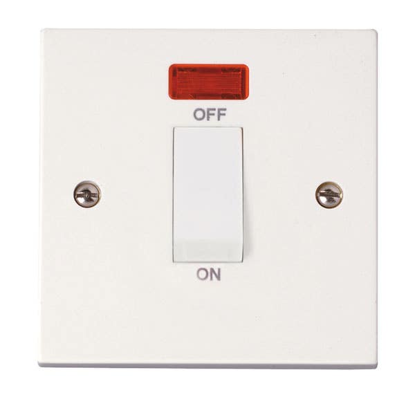 Click Polar PRW501 45A 1 gang DP switch with white rocker & neon