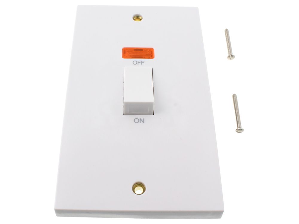 Click Polar PRW503 45A 2 gang DP switch with white rocker & neon