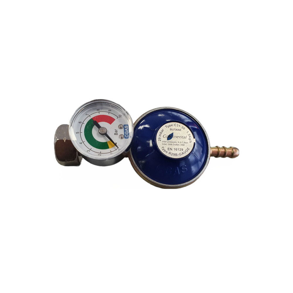 Continental 29mbar screw-in butane gas regulator with gauge R29B-GAUGE