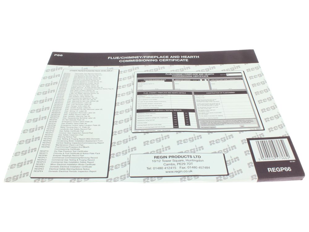 Regin Flue/Fireplace Commissioning Certificates REGP66