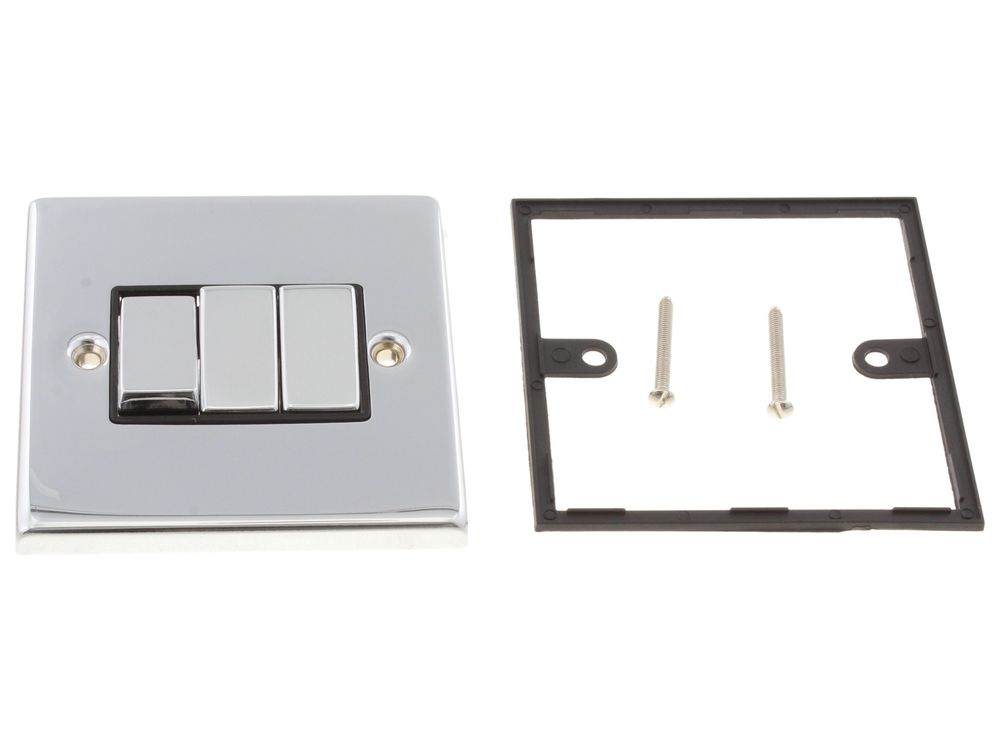 Click Deco polished chrome 10AX 3-gang 2-way plate switch VPCH413BK
