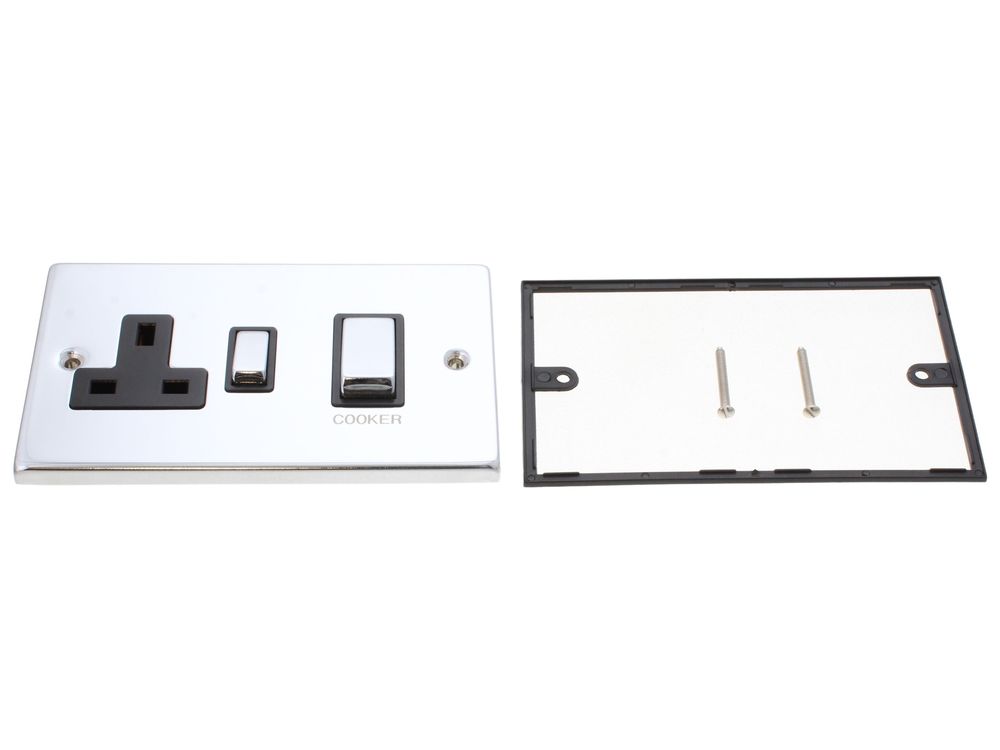 Scolmore Click Deco 45A cooker control unit with 13A switched socket, polished chrome, black insert - VPCH504BK