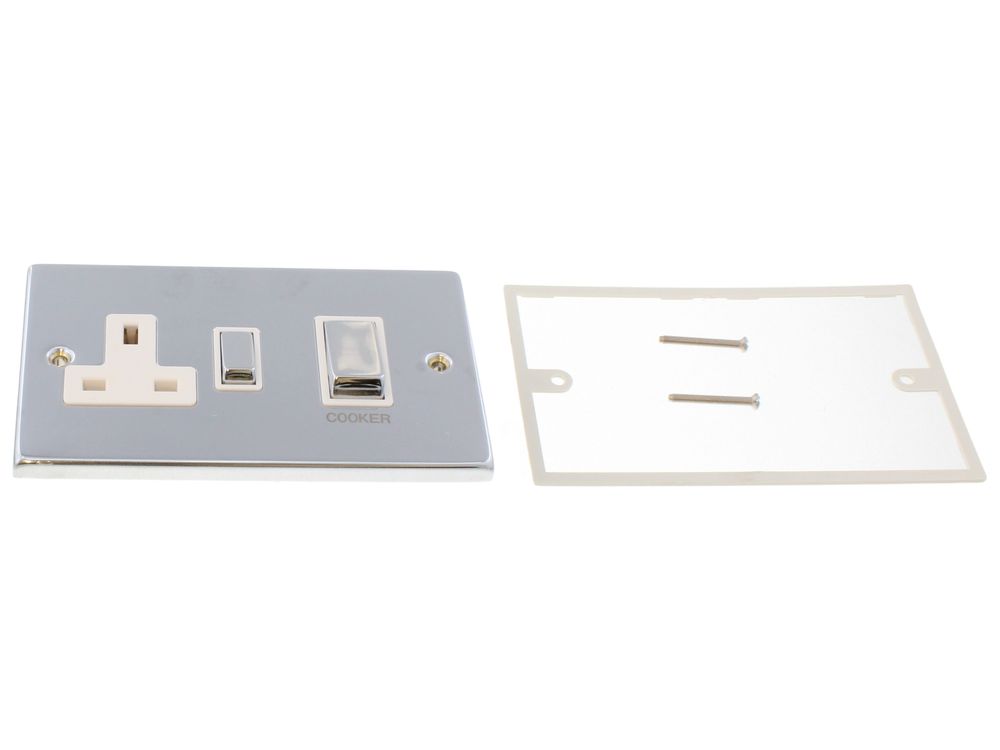 Scolmore Click Deco 45A cooker control unit with 13A switched socket, polished chrome, white insert - VPCH504WH