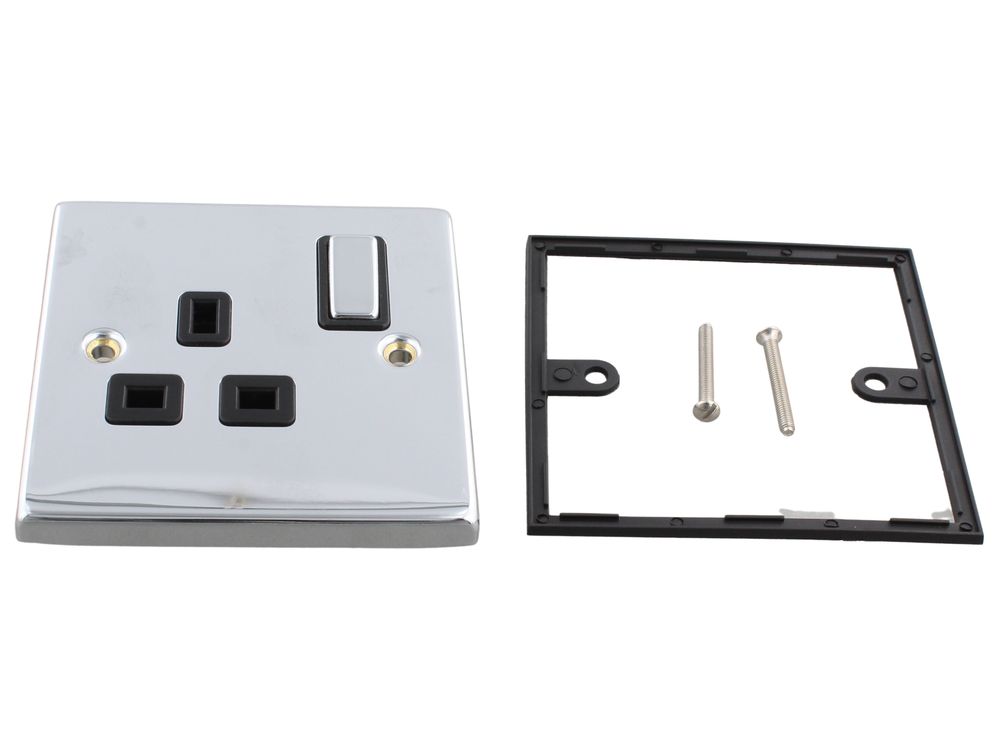 Scolmore Click Deco 13A 1 gang double pole switched socket, polished chrome, black insert - VPCH535BK