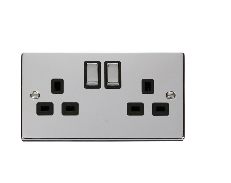 Scolmore Click Deco 13A 2 gang double pole switched socket, polished chrome, black insert - VPCH536BK