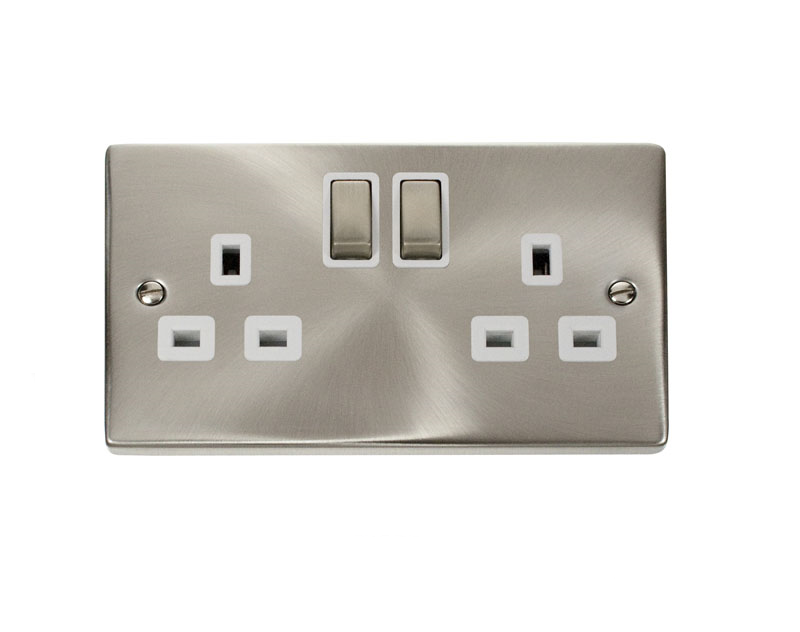 Scolmore Click Deco 13A 2 gang double pole switched socket, polished chrome, white insert - VPCH536WH