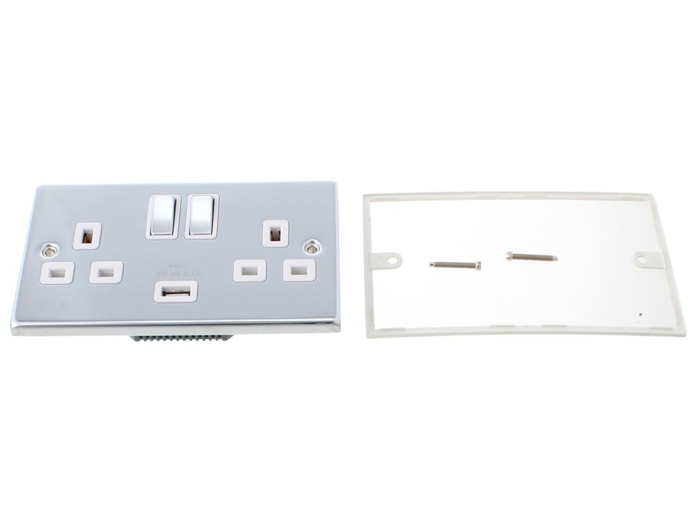 Scolmore Click Deco 13A 2 gang switched socket with 2.1A USB, polished chrome, white insert - VPCH570WH