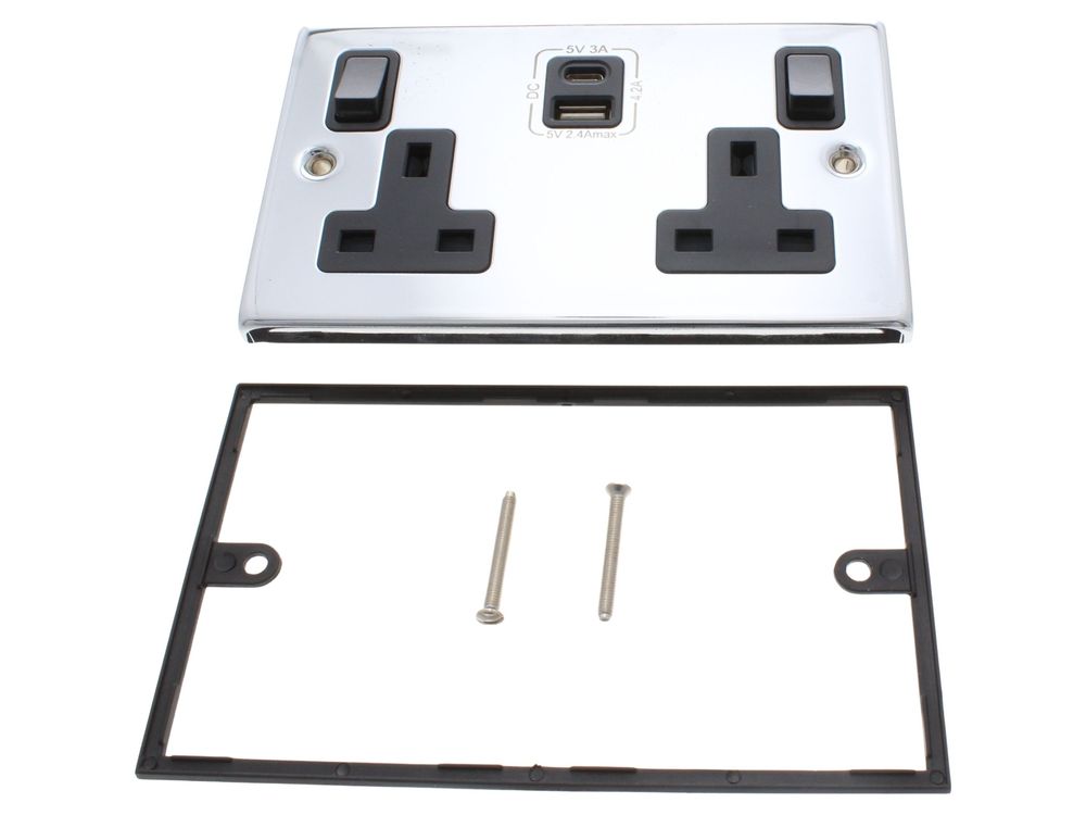 Scolmore Click Deco 13A 2 gang switched socket with USB-A and USB-C, polished chrome, black insert - VPCH786BK