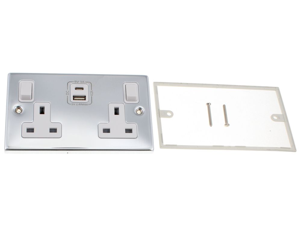 Scolmore Click Deco 13A 2 gang switched socket with USB-A and USB-C, polished chrome, white insert - VPCH786WH