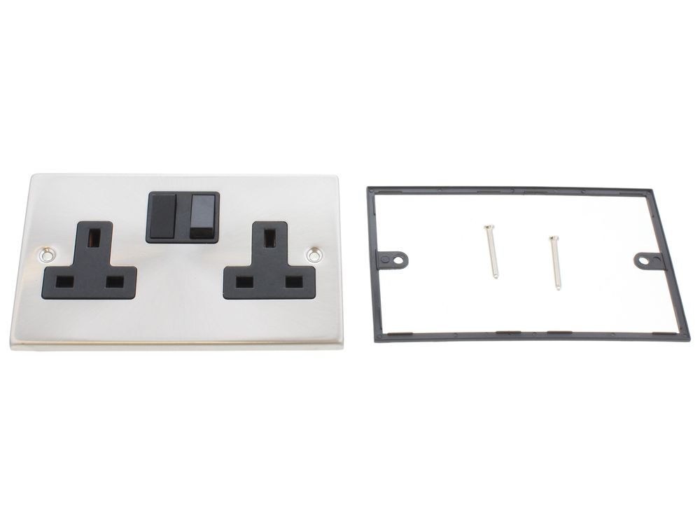 Scolmore Click Deco 13A 2 gang DP switched socket, satin chrome, black insert - VPSC036BK