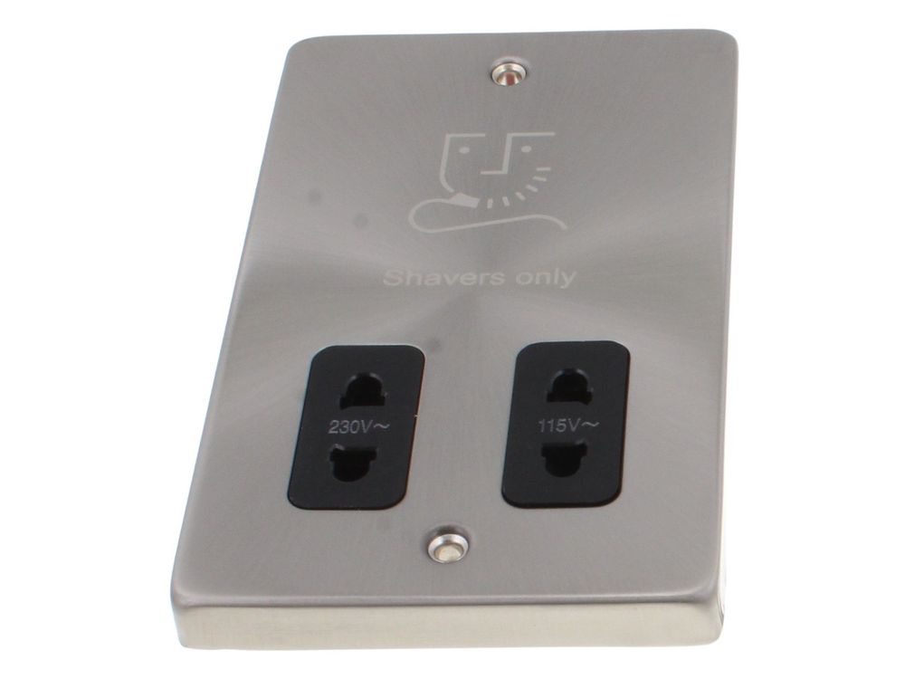 Scolmore Click Deco 115V/230V dual voltage shaver socket, satin chrome, black insert VPSC100BK