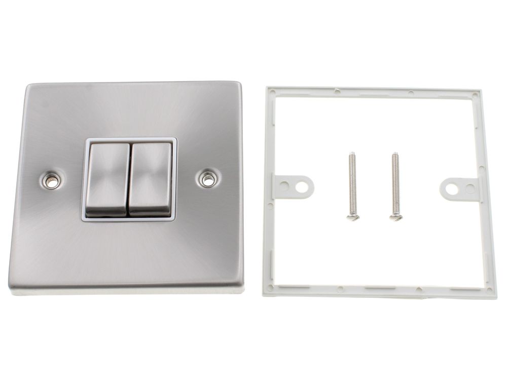 Scolmore Click Deco 10AX 2 gang 2 way plate switch, satin chrome, white insert VPSC412WH