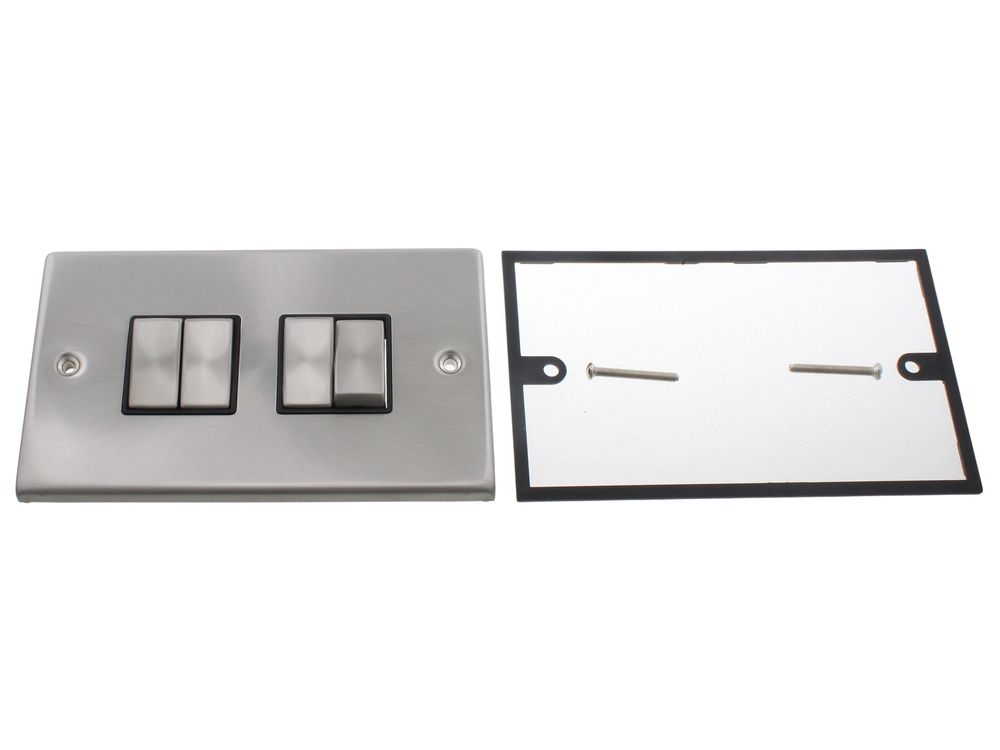 Scolmore Click Deco 10AX 4 gang 2 way plate switch, satin chrome, black insert VPSC414BK