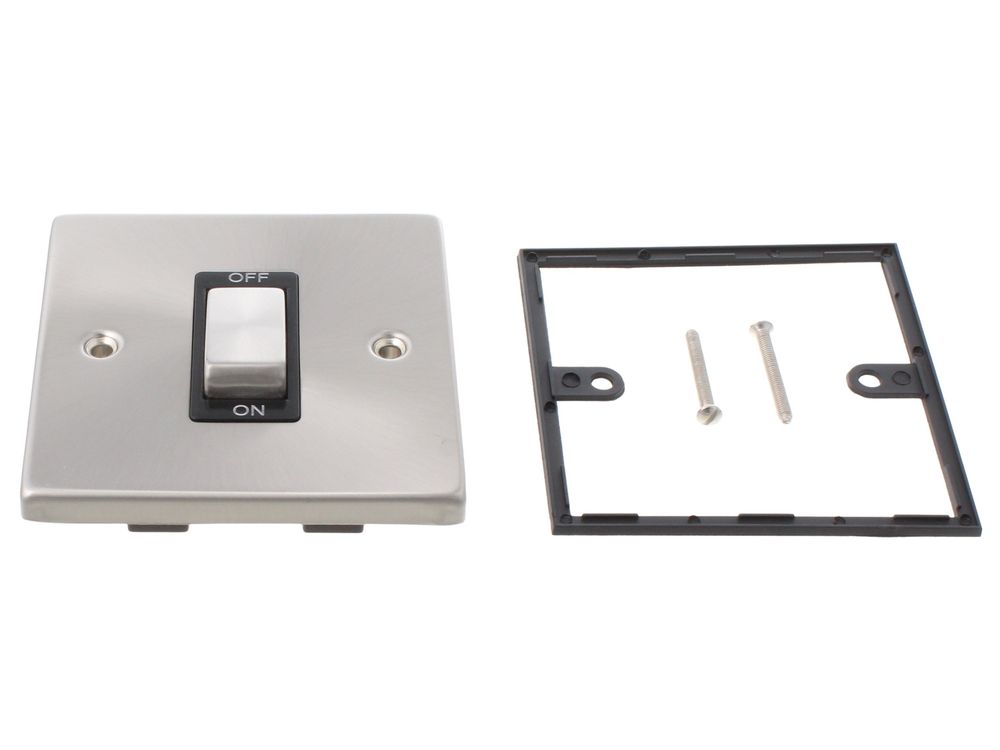 Scolmore Click Deco 45A 1 gang double pole plate switch, satin chrome, black insert VPSC500BK