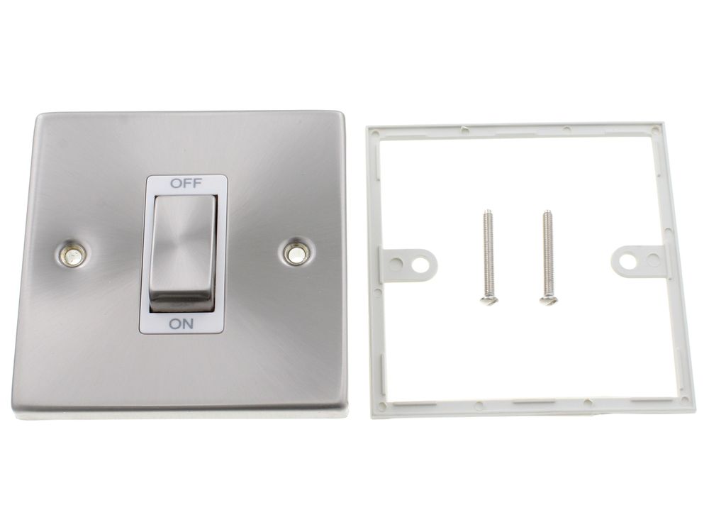Scolmore Click Deco 45A 1 gang double pole plate switch, satin chrome, white insert VPSC500WH