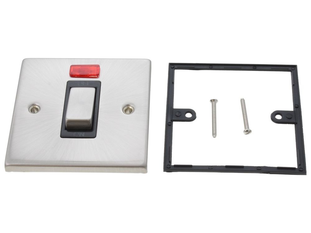 Scolmore Click Deco 45A 1 gang double pole plate switch with neon, satin chrome, black insert VPSC501BK