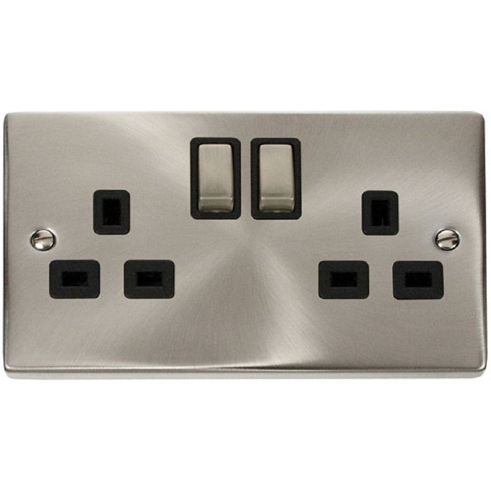 Click Deco satin chrome 13A 2 gang double pole switched socket, black insert VPSC536BK