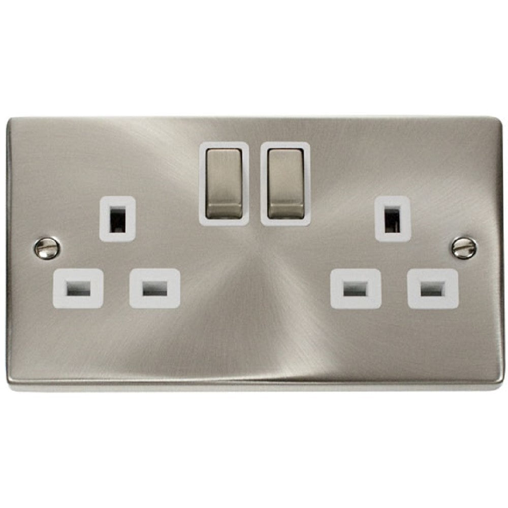 Click Deco satin chrome 13A 2 gang double pole switched socket, white insert VPSC536WH